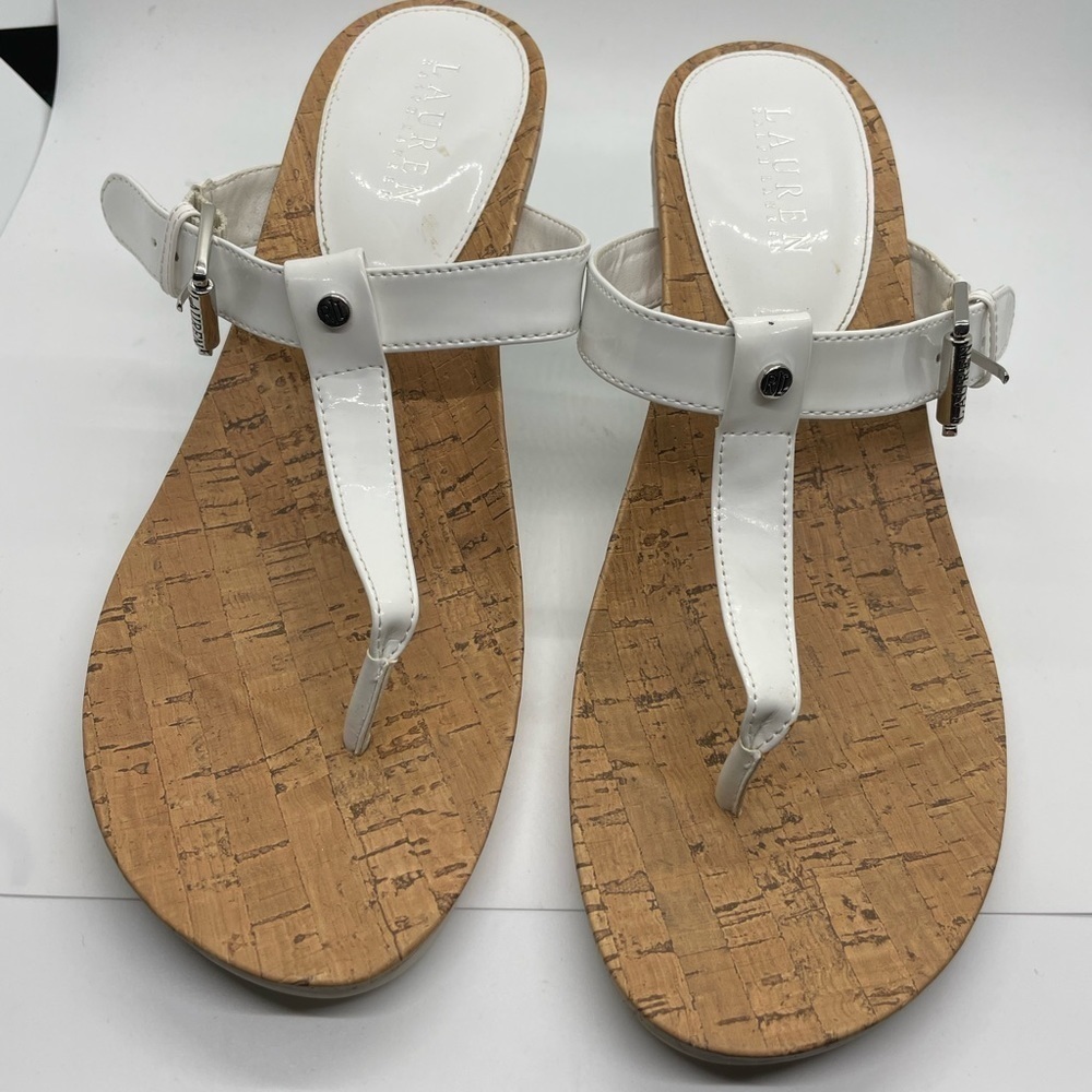 Womens Lauren Ralph Lauren Reeta Wedge T-Strap Sandals, White Patent, 9B US